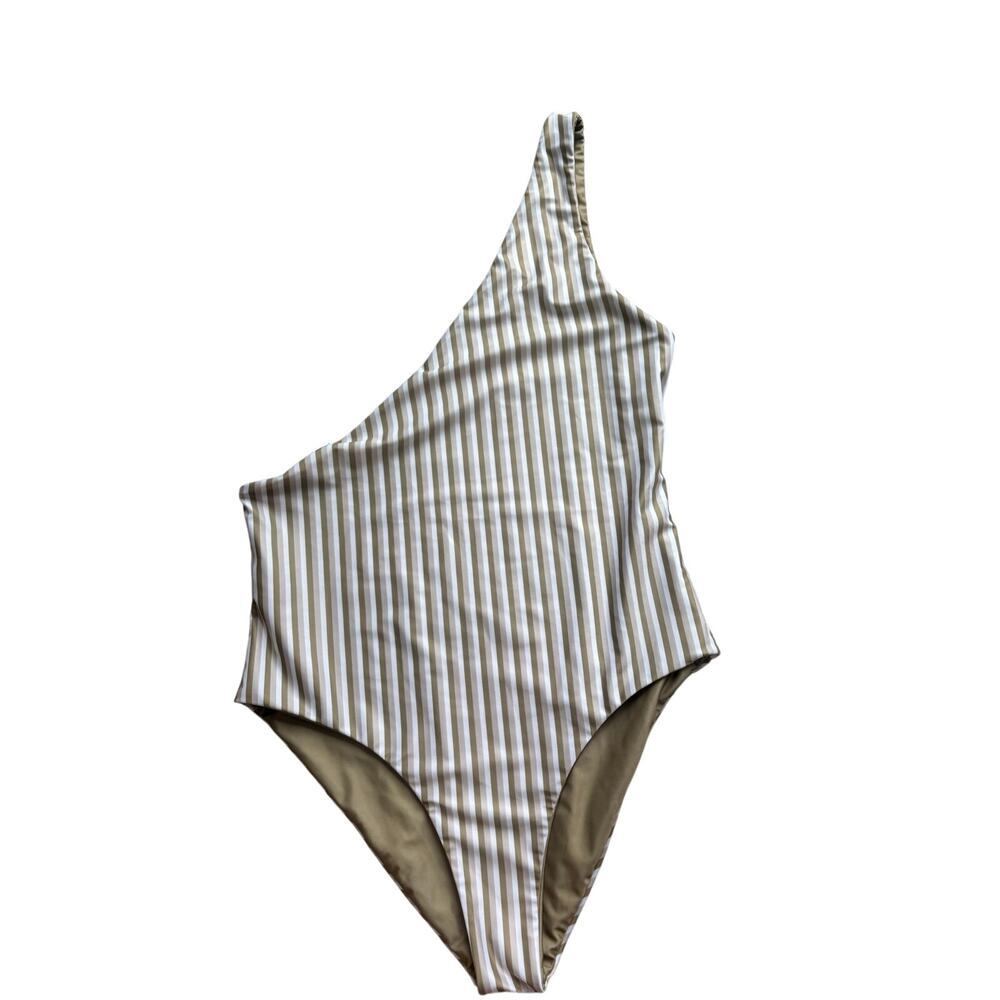 BAIIA Olive Stripe Reversible One-Shoulder One-Piece Swimsuit size 10 (AU 14) L